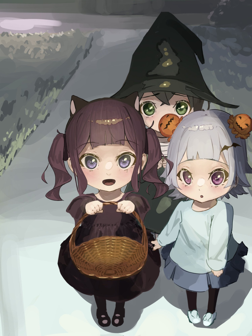 3girls aged_down animal_ears basket bat_hair_ornament black_headwear blue_shirt blue_skirt blunt_bangs cat_ears cevio child commentary double_bun dress foreshortening furrowed_brow grass green_dress green_eyes grey_hair hair_bun hair_ornament halloween halloween_costume hanakuma_chifuyu hat highres holding holding_basket iki_(kusaikire) jack-o'-lantern jack-o'-lantern_hair_ornament koharu_rikka light_blush light_smile looking_at_viewer multiple_girls natsuki_karin night open_mouth outstretched_arms pleated_skirt purple_dress purple_hair road shirt short_hair skirt skirt_hold street synthesizer_v trick_or_treat twintails violet_eyes wicker_basket witch_hat