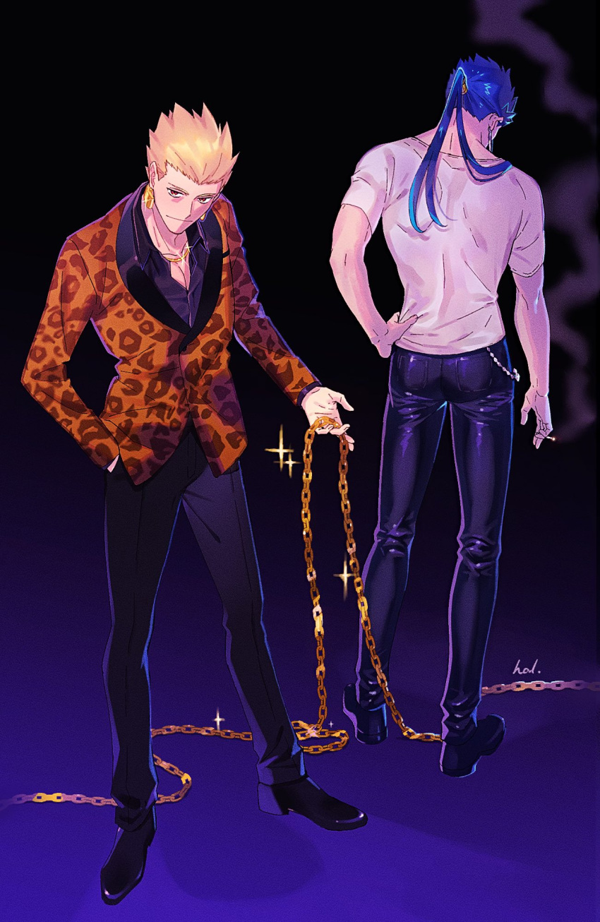 2boys animal_print between_fingers black_footwear black_pants black_shirt blonde_hair blue_hair brown_eyes cigarette closed_mouth collared_shirt cu_chulainn_(fate) dress_shoes earrings facing_away fate/stay_night fate_(series) full_body gilgamesh_(fate) hal_(haaaalhal) hand_in_pocket hand_on_own_hip highres holding holding_cigarette jewelry leopard_print long_hair looking_at_viewer male_focus multiple_boys pants pectoral_cleavage pectorals ponytail shirt short_sleeves signature smoke smoking sparkle standing t-shirt