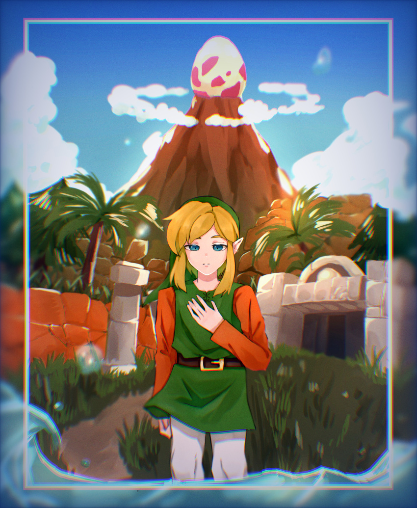 1boy absurdres belt blonde_hair blue_eyes blue_sky brown_belt brown_shirt chromatic_aberration closed_mouth expressionless green_headwear green_tunic hand_on_own_chest highres link male_focus mountain outdoors palm_tree pants pointy_ears shirt sky solo split_mouth straight-on the_legend_of_zelda the_legend_of_zelda:_link's_awakening tree white_pants windfish's_egg yyu_pu