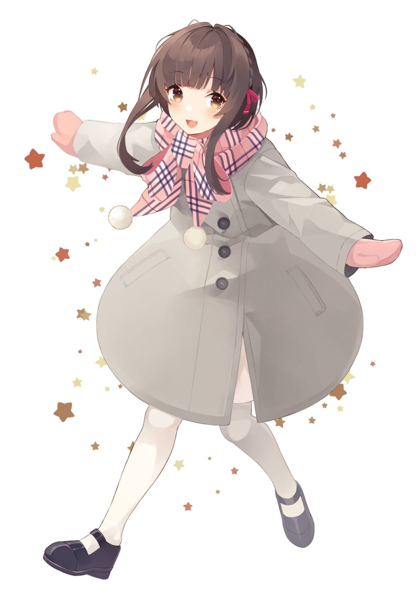 1girl black_footwear blush brown_eyes brown_hair coat full_body grey_coat hair_ribbon highres kantai_collection long_sleeves looking_at_viewer mittens open_mouth pantyhose pink_mittens plaid plaid_scarf pom_pom_(clothes) ribbon scarf shakemi_(sake_mgmgmg) shoes short_hair_with_long_locks simple_background solo star_(symbol) ukuru_(kancolle) white_background white_pantyhose