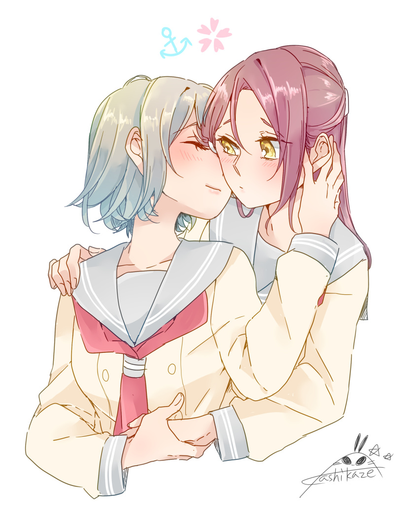 2girls anchor_symbol blush breasts closed_mouth collarbone commentary_request couple grey_hair grey_sailor_collar hair_ornament hairclip half_updo hand_on_another's_cheek hand_on_another's_face hand_on_another's_shoulder highres holding_hands kashikaze long_hair long_sleeves love_live! love_live!_sunshine!! medium_breasts multiple_girls neckerchief necktie red_neckerchief redhead sailor_collar sakurauchi_riko school_uniform serafuku shirt short_hair sidelocks signature simple_background single_sidelock upper_body uranohoshi_school_uniform watanabe_you white_background white_shirt yellow_eyes yuri