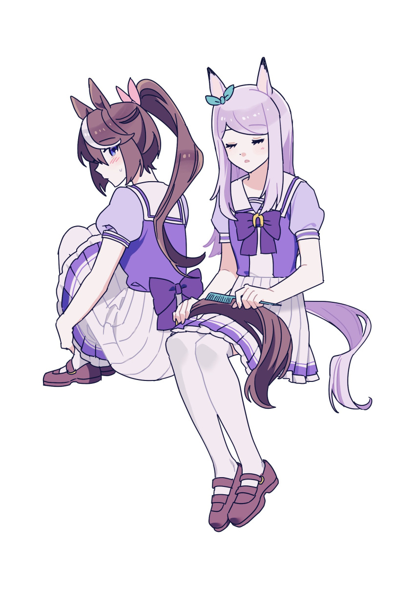 2girls absurdres animal_ears blush bow bowtie brown_footwear brown_hair brushing_hair closed_eyes closed_mouth comb ear_bow full_body habsida_(habsida_hpy) highres holding holding_comb horse_ears horse_girl horse_tail invisible_chair knees_up korean_commentary long_hair looking_at_another mejiro_mcqueen_(umamusume) multicolored_hair multiple_girls open_mouth ponytail purple_hair purple_shirt sailor_collar school_uniform shirt shoes short_hair simple_background sitting skirt streaked_hair sweatdrop tail tail_through_clothes thigh-highs tokai_teio_(umamusume) tracen_school_uniform umamusume white_background white_skirt white_thighhighs