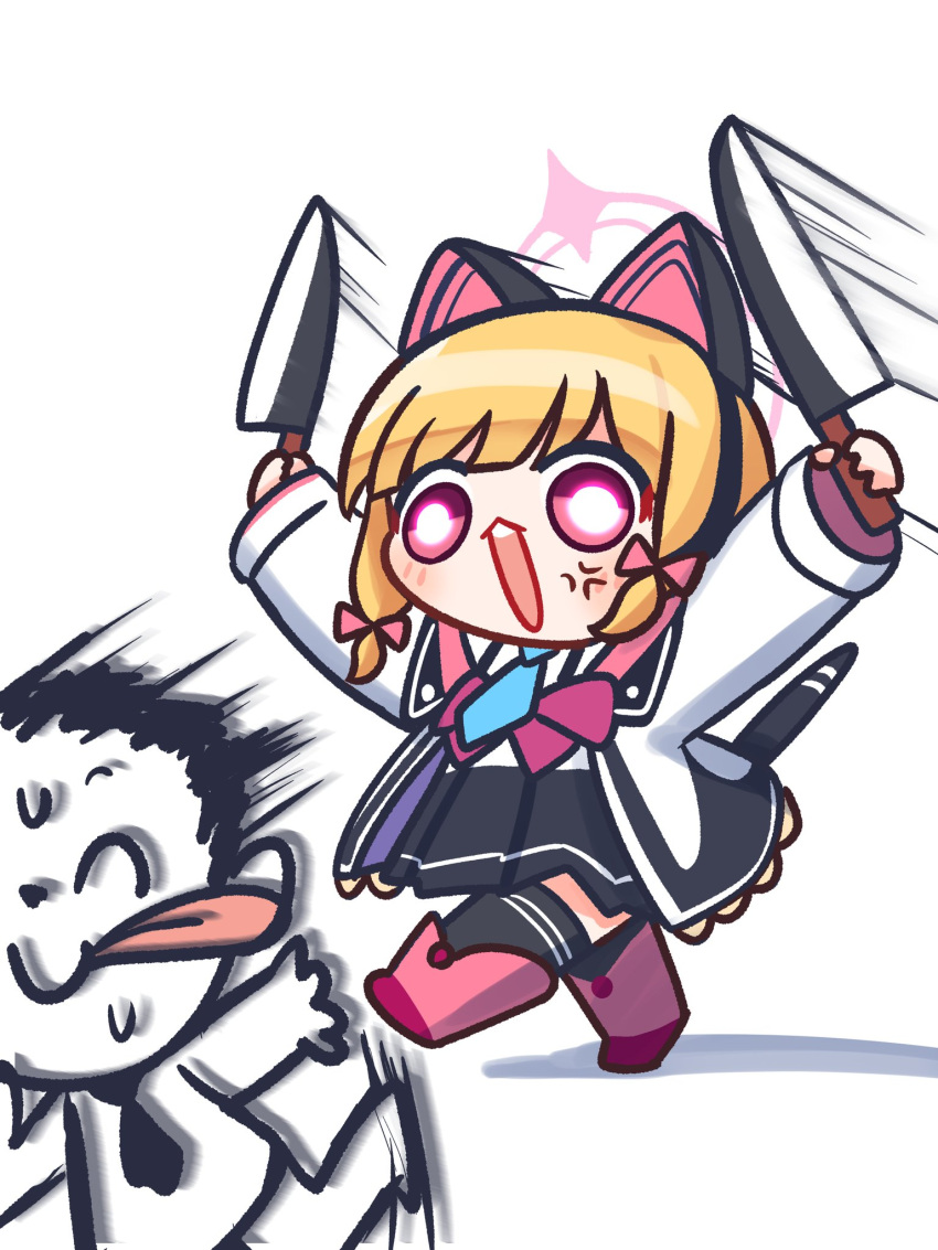 1boy 1girl anger_vein animal_ear_headphones animal_ears arona's_sensei_doodle_(blue_archive) black_skirt black_thighhighs blonde_hair blue_archive blue_necktie bow cat_tail collared_shirt eiul fake_animal_ears hair_bow halo headphones highres holding holding_knife jacket knife long_sleeves momoi_(blue_archive) necktie open_clothes open_jacket open_mouth pink_halo pleated_skirt red_bow red_eyes sensei_(blue_archive) shirt short_hair simple_background skirt tail thigh-highs white_background white_jacket white_shirt