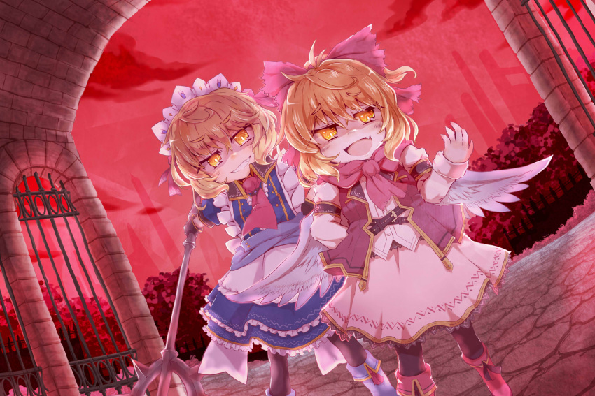 2girls apron blonde_hair evil_grin evil_smile gengetsu_(touhou) grin highres mace maid_apron maid_headdress mugetsu_(touhou) multiple_girls neck red_sky short_hair siblings sisters sky smile sore_(whirlwind) touhou touhou_(pc-98) twins weapon wings yellow_eyes