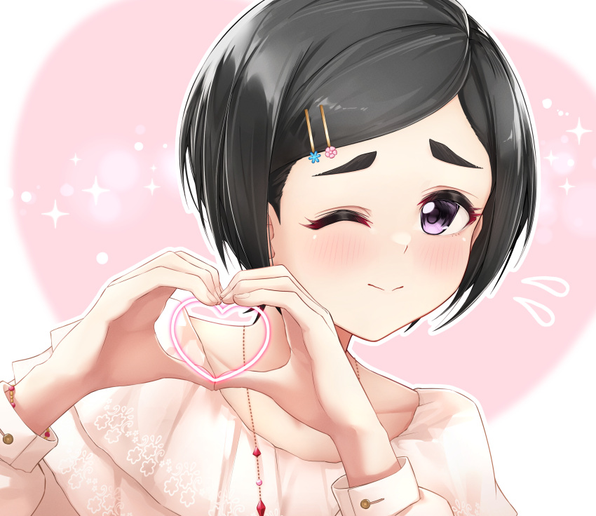 1girl absurdres black_hair hair_ornament hairclip heart heart_hands highres idolmaster idolmaster_cinderella_girls jewelry long_sleeves looking_at_viewer matsuo_chizuru nakata_(nkt_vvd) necklace one_eye_closed pink_background short_hair smile solo upper_body violet_eyes
