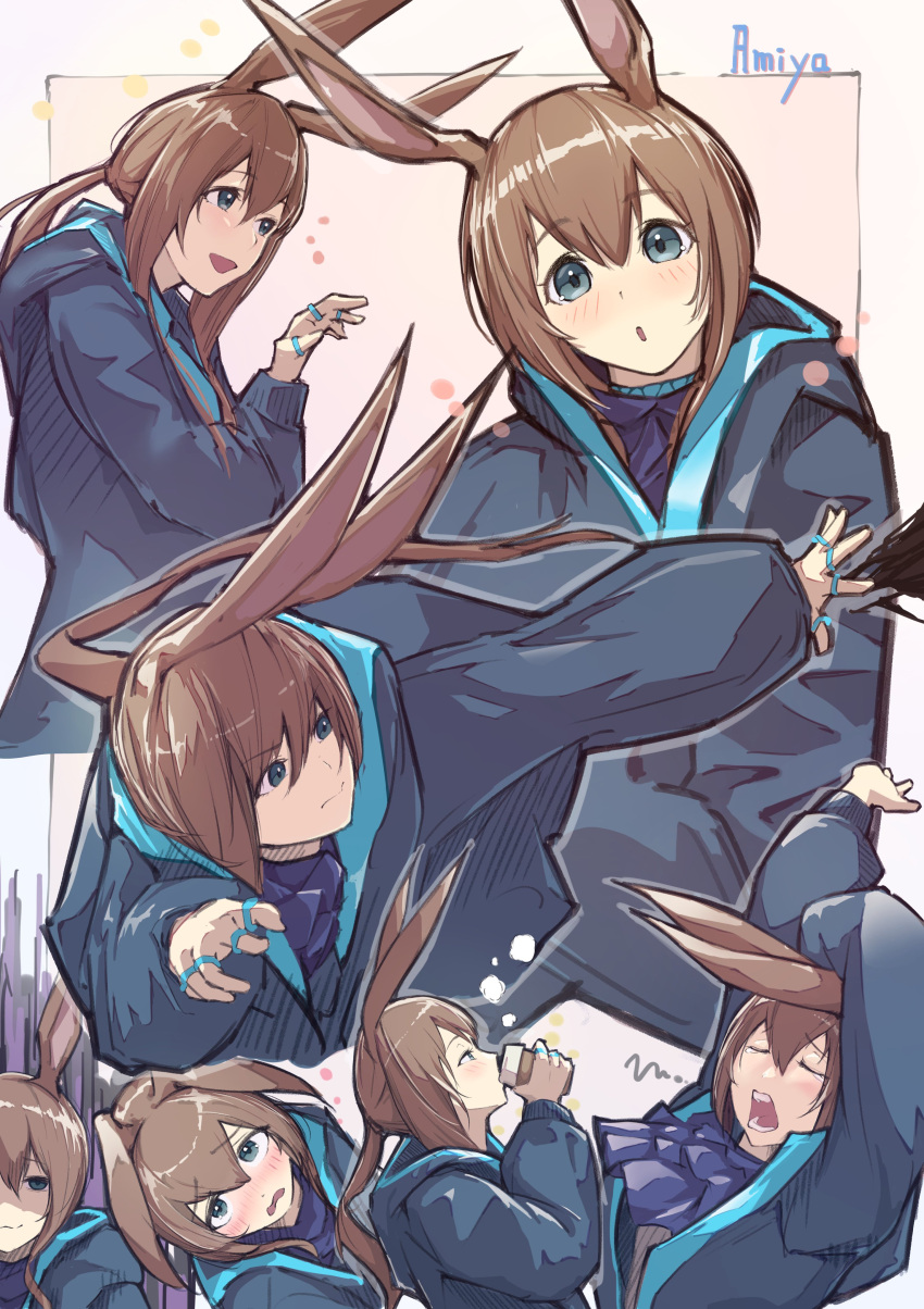 1girl :d absurdres amiya_(arknights) animal_ears arknights arms_up black_jacket blue_eyes blush brown_hair character_name coffee_cup commentary_request cup disposable_cup ears_down grey_background hair_between_eyes hand_up head_tilt highres holding holding_cup jacket jewelry long_hair long_sleeves parted_lips pink_background ponytail puffy_long_sleeves puffy_sleeves rabbit_ears renkon_logistics ring smile solo stretching very_long_hair