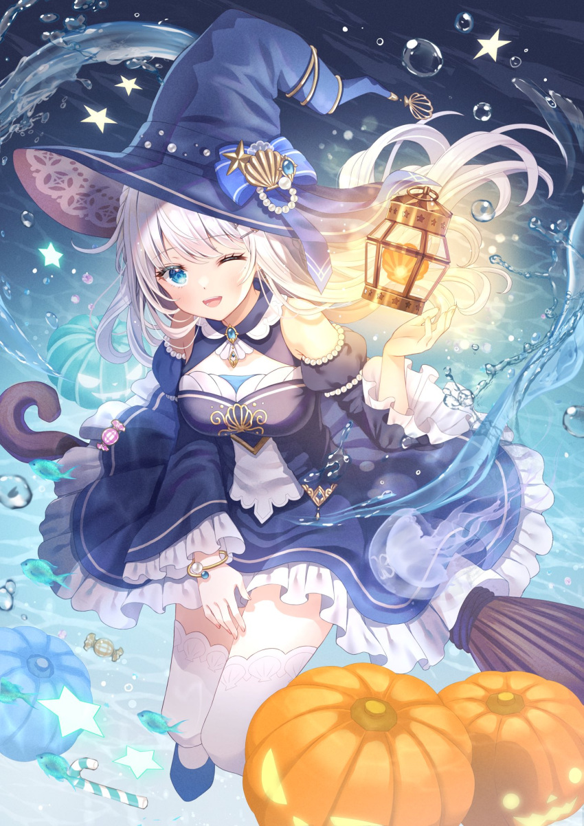 1girl alternate_costume blush breasts bubble commentary_request grey_hair hair_ornament highres indie_virtual_youtuber jack-o'-lantern lamp long_hair looking_at_viewer medium_breasts nagino_mashiro one_eye_closed open_mouth ribbon serino_itsuki solo thigh-highs virtual_youtuber water
