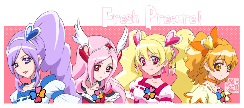 4girls :d aono_miki artist_logo blonde_hair blue_choker choker commentary_request copyright_name cure_berry cure_passion cure_peach cure_pine dress drill_hair drill_ponytail earrings eyelashes fresh_precure! hair_ornament hairband happy heart heart_hair_ornament higashi_setsuna high_ponytail high_side_ponytail jewelry kamikita_futago long_hair looking_at_viewer magical_girl momozono_love multiple_girls open_mouth orange_choker orange_eyes orange_hair pink_choker pink_eyes pink_hair ponytail precure puffy_short_sleeves puffy_sleeves purple_hair red_eyes short_hair short_sleeves side_ponytail signature smile twintails violet_eyes white_choker wing_hair_ornament yamabuki_inori