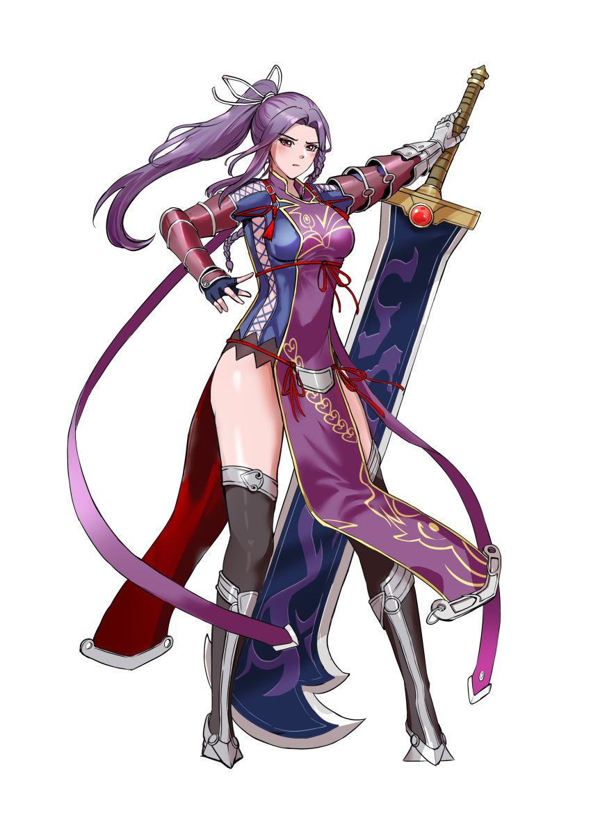 1girl absurdres arm_guards armored_boots artist_request blush boots breasts china_dress chinese_clothes cosplay dress eiyuu_densetsu english_commentary full_body hajimari_no_kiseki highres holding holding_sword holding_weapon huge_weapon large_breasts long_hair looking_at_viewer ponytail purple_hair red_eyes sidelocks simple_background solo sword vampirate_odessa weapon white_background