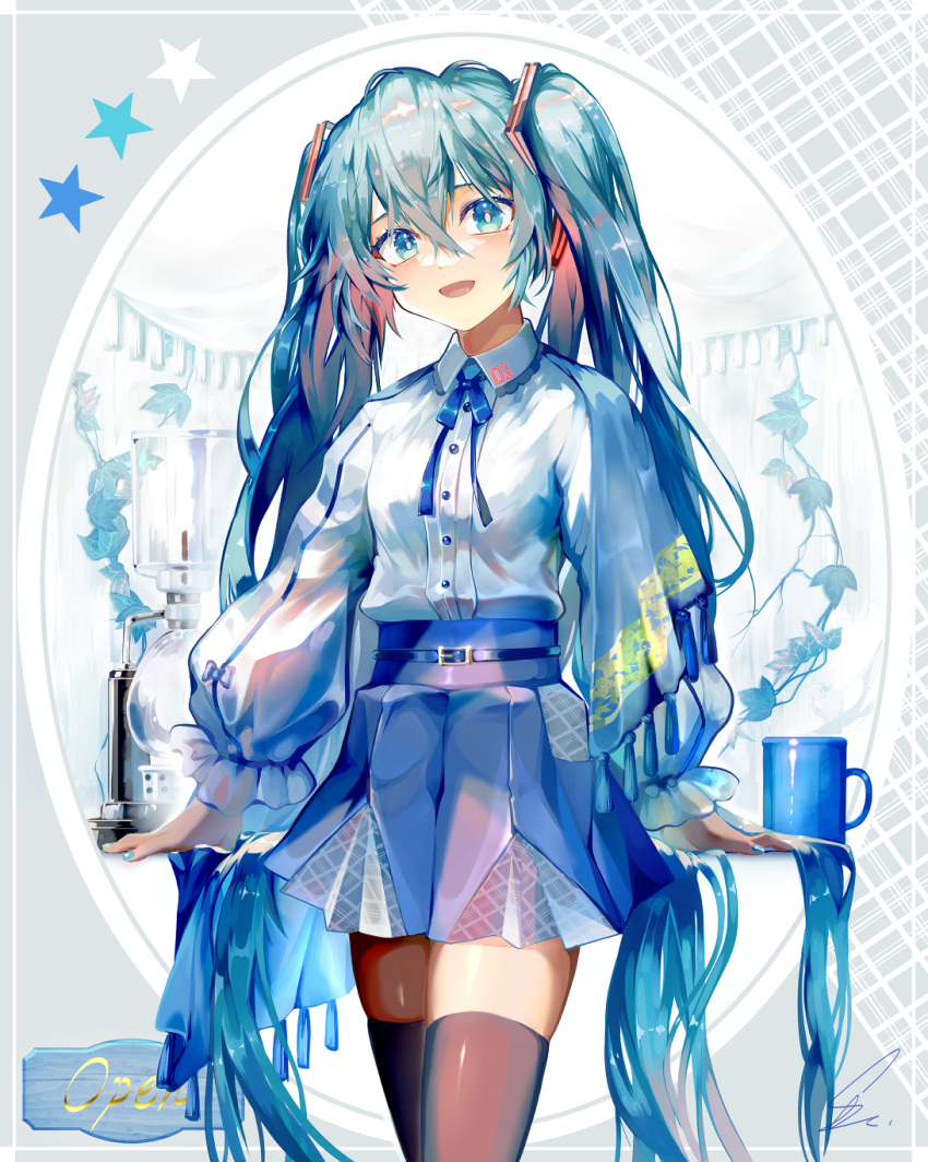 1girl :d black_skirt blue_bow blue_eyes blue_hair blue_skirt bow breasts collared_shirt commentary_request cup dress_shirt grey_background hair_between_eyes hatsune_miku highres long_hair long_sleeves looking_at_viewer mug pleated_skirt puffy_long_sleeves puffy_sleeves saihate_(d3) shirt skindentation skirt small_breasts smile solo star_(symbol) twintails very_long_hair vocaloid white_background white_shirt