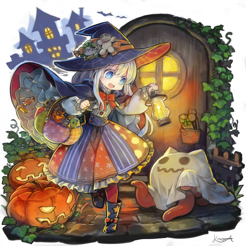 1girl absurdres basket bat_(animal) blue_eyes border candy creature dress food frilled_dress frills ghost_costume halloween halloween_costume hat highres holding holding_lantern jack-o'-lantern komota_(kanyou_shoujo) lantern long_hair lucette_(komota_(kanyou_shoujo)) open_mouth original pumpkin signature smile solo tentacles white_border white_hair witch_hat