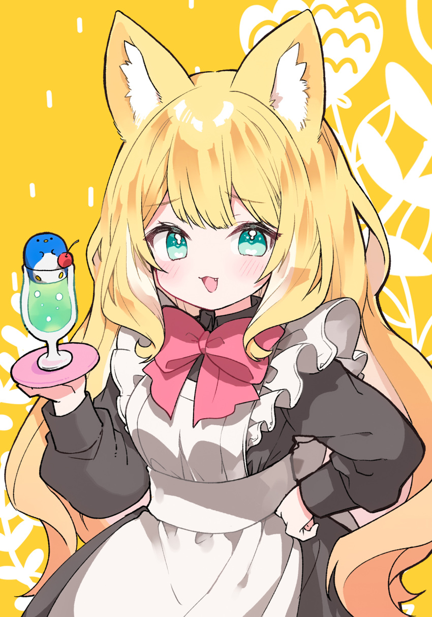 1girl animal_ear_fluff animal_ears apron bird black_shirt blonde_hair bow cherry colored_inner_hair commentary_request cowboy_shot cup drinking_glass fang food fox_ears fox_girl fruit fuwafuwa-chan_(kamiyoshi_rika) green_eyes hand_on_own_hip highres holding holding_tray kamiyoshi_rika light_blush long_hair long_sleeves looking_at_viewer maid maid_apron multicolored_hair open_mouth original penguin red_bow shirt smile soda solo tray very_long_hair wavy_hair yellow_background