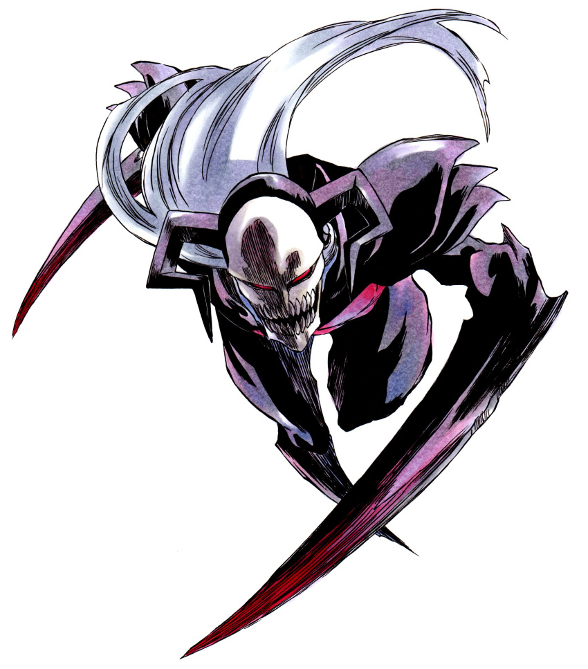 absurdres arm_blade armor bleach highres hollow_(bleach) hollow_mask horns incoming_attack ken'ichi_(ken1ro_u) long_hair looking_at_viewer mask monster open_mouth red_eyes shoulder_armor solo weapon white_(bleach) white_background white_hair