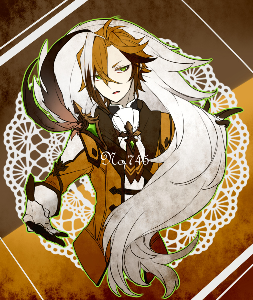 1boy ascot asymmetrical_bangs beckoning black_gloves black_shirt brooch brown_background brown_hair cape cropped_torso doily fur_cape gloves green_eyes green_outline hair_between_eyes hand_up highres jacket jewelry jitome lapels lollypopcandy8050 long_sleeves looking_at_viewer lycanroc lycanroc_(dusk) male_focus multicolored_hair orange_background orange_hair orange_jacket outline parted_lips personification pokedex_number pokemon shawl_lapels shirt short_hair side_cape single_sidelock sleeve_cuffs solo streaked_hair two-tone_background two-tone_gloves white_ascot white_gloves white_hair
