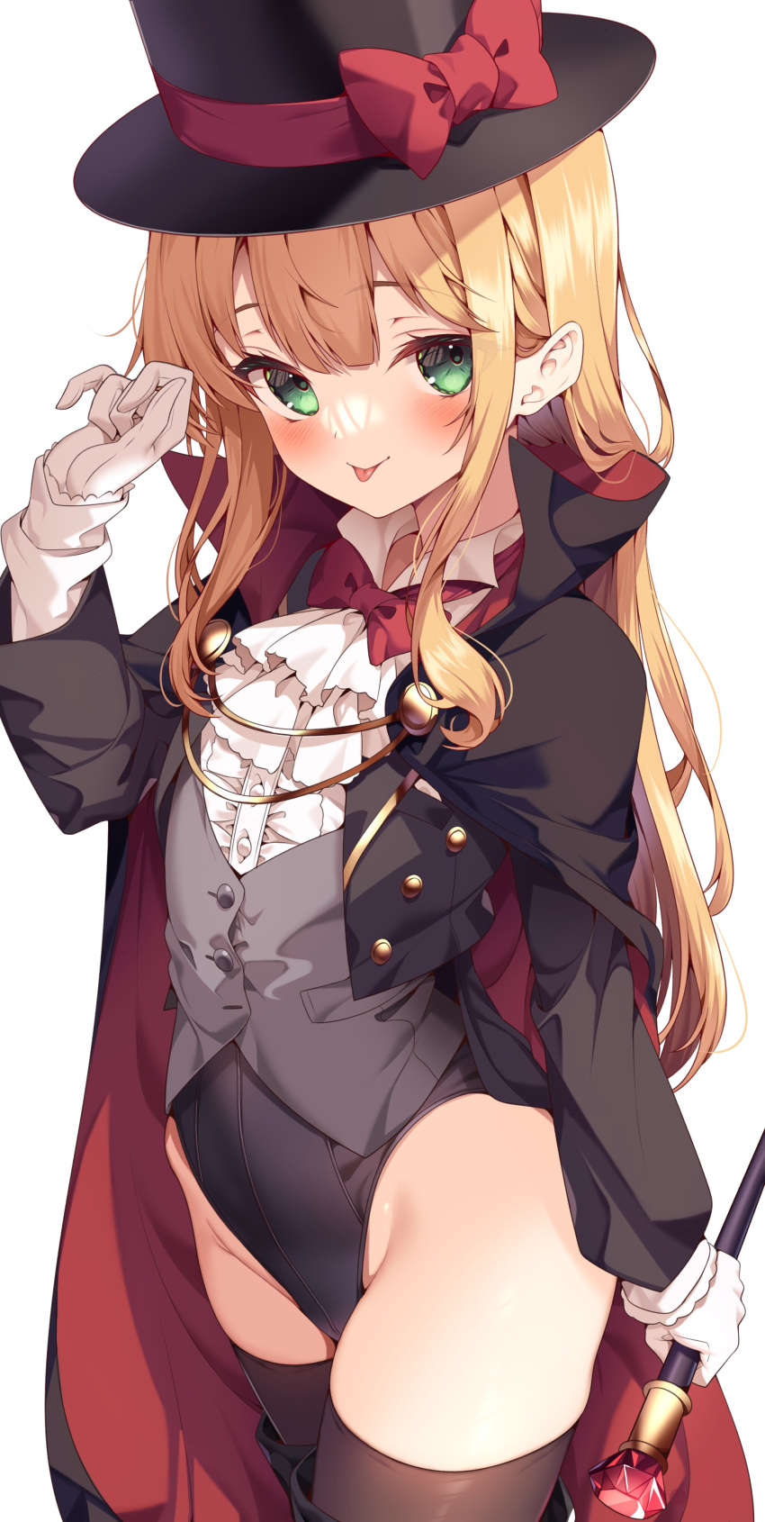 1girl :p absurdres black_cloak black_jacket black_leotard black_thighhighs blonde_hair bow bowtie cane cloak collared_shirt commission gem gloves green_eyes hair_between_eyes hat hat_bow highres jacket jun_(aousa0328) leotard leotard_under_clothes long_hair long_sleeves looking_at_viewer multicolored_cloak open_clothes open_jacket original phantom_thief phantom_thief_(kkmomo67) red_bow red_cloak shirt skeb_commission smile solo thigh-highs thighs tongue tongue_out top_hat two-sided_cloak two-sided_fabric vest white_background white_gloves white_shirt