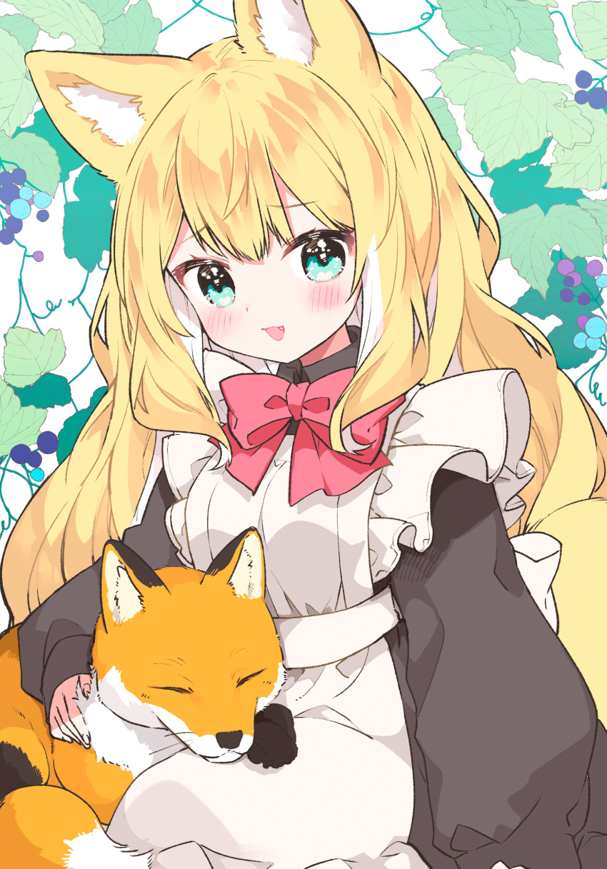 1girl animal_ear_fluff animal_ears apron black_dress blonde_hair bow colored_inner_hair commentary dress fang food fox fox_ears fox_girl fox_tail fruit fuwafuwa-chan_(kamiyoshi_rika) grapes green_eyes highres kamiyoshi_rika light_blush long_hair long_sleeves looking_at_viewer maid maid_apron multicolored_hair open_mouth original plant red_bow sitting smile solo tail very_long_hair