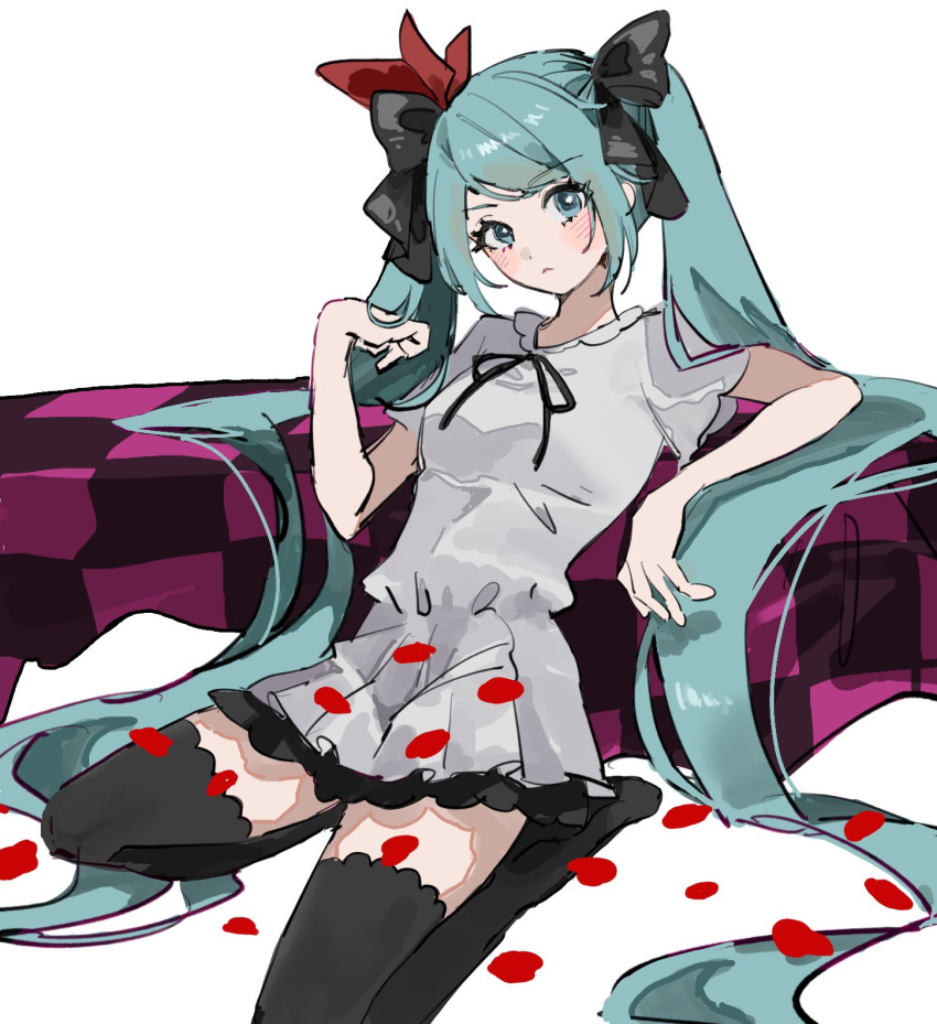 1girl :&lt; aqua_eyes black_bow black_ribbon blush bow checkered_background dress grey_dress hair_bow hatsune_miku highres inu_totemo leaning_back limp_wrist long_hair looking_at_viewer petals ribbon rose_petals seiza sitting solo thigh-highs twintails very_long_hair vocaloid white_background world_is_mine_(vocaloid) zettai_ryouiki