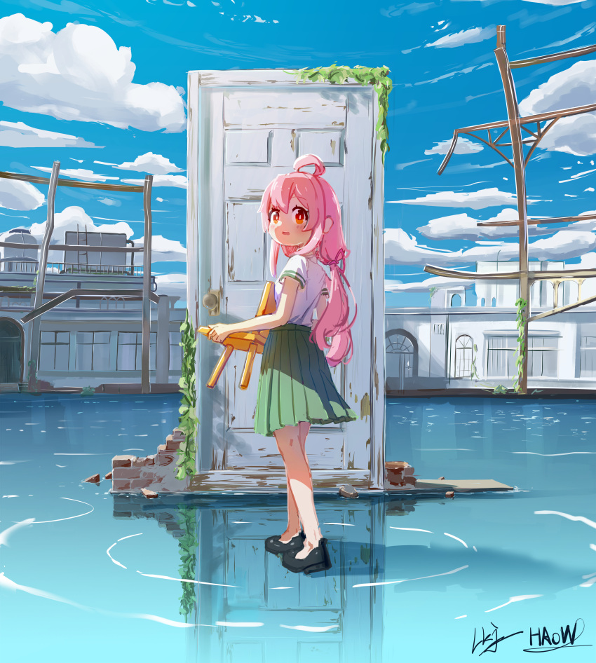 1girl abandoned absurdres bathhouse black_footwear blue_sky clouds crossover detailed_background door green_skirt hair_ribbon highres loafers long_hair looking_at_viewer looking_back low-tied_long_hair munakata_souta_(chair) nature onii-chan_wa_oshimai! oyama_mahiro pink_hair pink_ribbon pleated_skirt poster_redraw red_eyes redraw reflection reflective_water ribbon school_uniform shirt shoes skirt sky suzume's_chair suzume_no_tojimari user_emcm5342 wading water weeds white_shirt