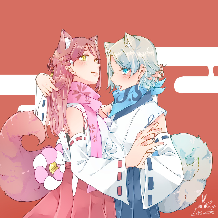 2girls alternate_costume animal_ear_fluff animal_ears blue_eyes blue_skirt commentary_request detached_sleeves fox_ears fox_girl fox_tail grey_hair hair_ornament hairclip hakama hakama_skirt half_updo hand_in_another's_hair highres holding_hands interlocked_fingers japanese_clothes kashikaze kemonomimi_mode kitsune long_hair looking_at_viewer love_live! love_live!_sunshine!! multiple_girls open_mouth pom_pom_(clothes) red_background red_skirt redhead sakurauchi_riko scarf short_hair signature simple_background skirt slit_pupils smirk tail teeth upper_teeth_only watanabe_you white_sleeves wide_sleeves yellow_eyes yuri