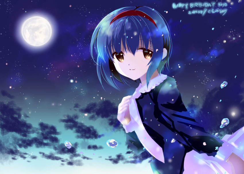 1girl 2019 black_jacket blue_hair casual character_name closed_mouth clouds commentary_request dated from_side full_body hair_between_eyes hairband happy_birthday jacket kurumi_rumi little_busters! long_sleeves looking_at_viewer moonlight night night_sky nishizono_mio open_clothes open_jacket orange_eyes outdoors red_hairband shirt short_hair sidelighting signature sky smile solo tareme upper_body water_drop white_shirt