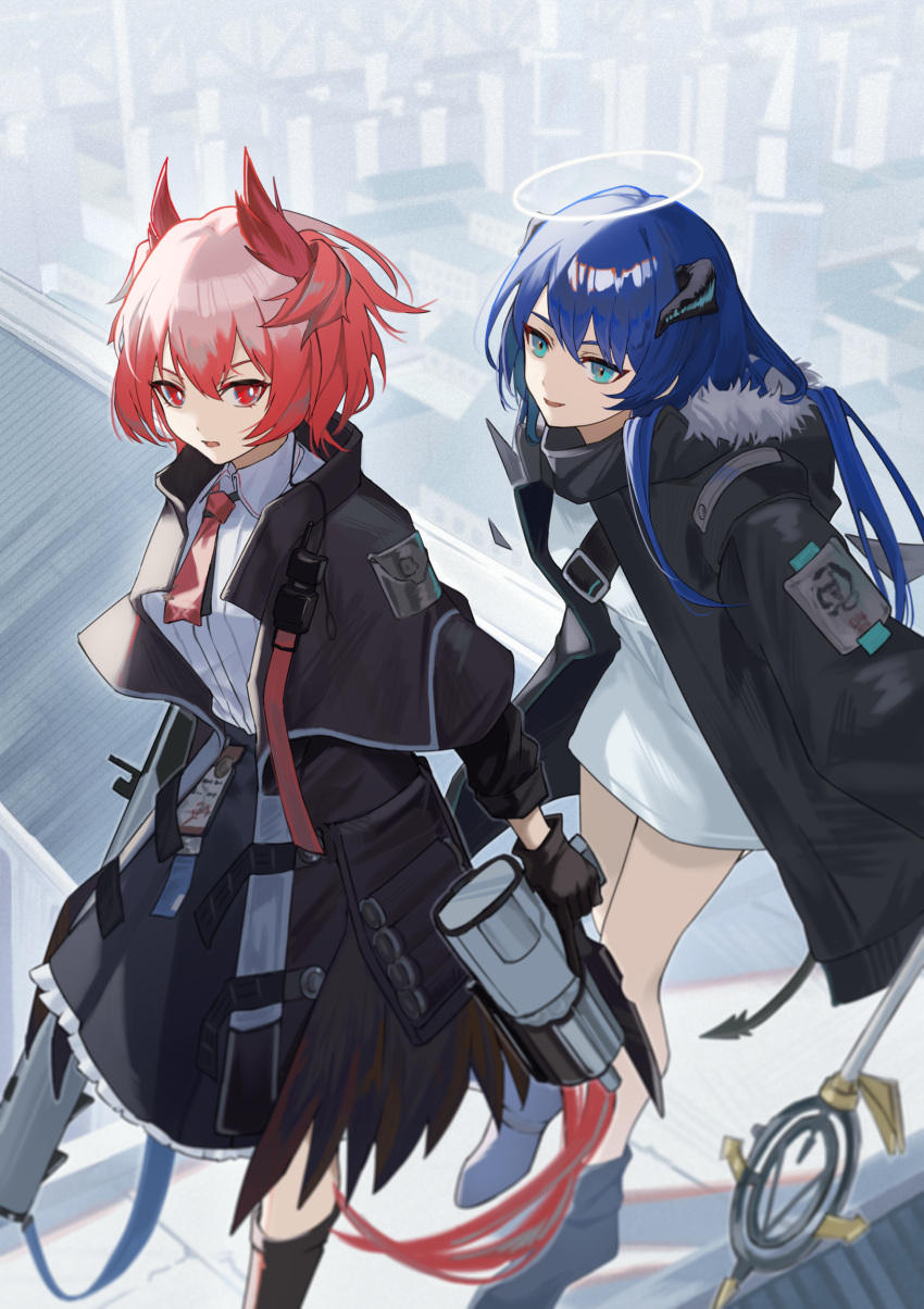 2girls absurdres arknights black_capelet black_footwear black_gloves black_jacket black_skirt blue_eyes blue_hair boots capelet cityscape collared_shirt commentary_request day fiammetta_(arknights) gloves gun halo highres holding holding_gun holding_weapon horns jacket knee_boots long_hair long_sleeves mostima_(arknights) multiple_girls nanase_(nanase_cg) open_clothes open_jacket outdoors parted_lips red_eyes redhead rooftop shirt skirt smile tail trigger_discipline very_long_hair walking weapon white_shirt