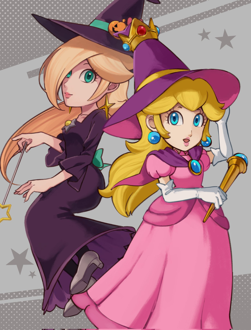 2girls back_bow blonde_hair blue_eyes bow brooch capelet crown dress earrings elbow_gloves eyelashes floating gloves hair_over_one_eye hat highres holding holding_wand jack-o'-lantern_hat_ornament jewelry long_hair looking_at_viewer mario_kart mario_kart_tour multiple_girls official_alternate_costume pink_dress princess_peach princess_peach_(halloween) puffy_short_sleeves puffy_sleeves purple_dress purple_headwear rosalina rosalina_(halloween) sasaki_sakiko short_sleeves smile star_(symbol) star_brooch star_earrings super_mario_bros. wand white_gloves witch_hat