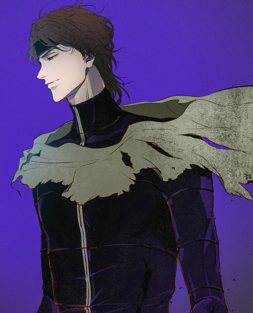 1boy absurdres aizen_sousuke bleach bodysuit brown_eyes brown_hair closed_mouth eyepatch half-closed_eyes high_collar highres light_smile medium_hair purple_background shawl simple_background solo thirdwolg torn_clothes upper_body