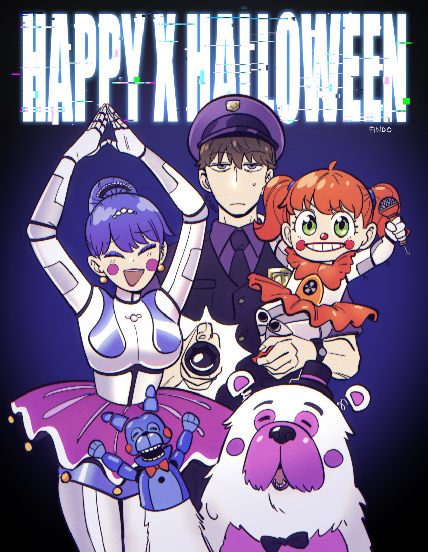 1boy 2girls absurdres animal anya_(spy_x_family) anya_forger ballora ballora_(cosplay) bon-bon bond_(spy_x_family) child circus_baby_(fnaf) circus_baby_(fnaf)_(cosplay) clickteam closed_eyes cloverworks clown crossover dog father_and_daughter findoworld five_nights_at_freddy's five_nights_at_freddy&amp;#039;s:_sister_location flashlight funtime_freddy funtime_freddy_(cosplay) grin halloween happy_halloween hat highres holding holding_flashlight holding_microphone human husband_and_wife loid_forger mammal michael_afton michael_afton_(cosplay) microphone mother_and_daughter multiple_girls scott_cawthon_(company) shueisha smile spy_x_family steel_wool_studios sweatdrop top_hat twilight_(spy_x_family) wit_studio yor_briar young_adult