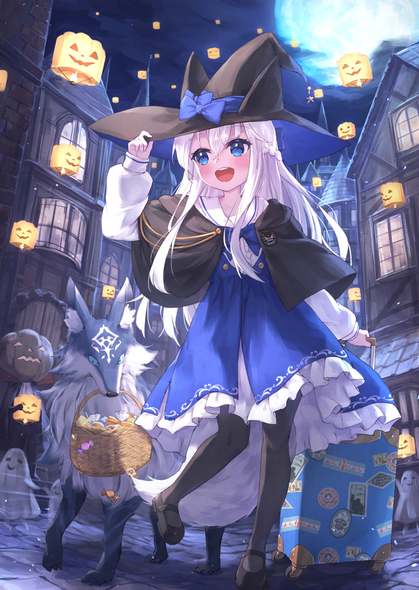 1girl :d absurdres animal_ears animal_hat arm_up basket black_capelet black_footwear black_headwear black_pantyhose blue_bow blue_dress blue_eyes blue_sky bow braid building capelet center_frills clouds commentary_request dress fake_animal_ears frilled_dress frills full_moon hair_between_eyes halloween hand_on_headwear hat hat_bow highres jack-o'-lantern long_hair long_sleeves masaki_(msk064) moon mouth_hold night night_sky original outdoors pantyhose puffy_long_sleeves puffy_sleeves rolling_suitcase sailor_collar shirt shoes sky sleeves_past_wrists smile solo standing standing_on_one_leg suitcase tail very_long_hair white_hair white_sailor_collar white_shirt window witch_hat wolf