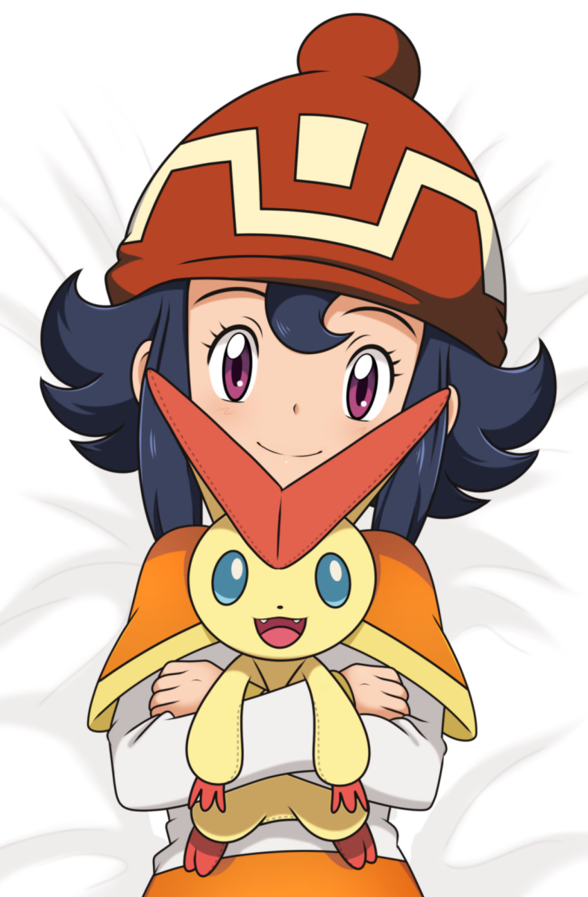 1girl beanie bed_sheet black_hair capelet character_doll closed_mouth commentary doll eyelashes hat highres holding holding_doll long_sleeves looking_at_viewer luisa_(pokemon) lying monosex on_back orange_capelet orange_skirt pokemon pokemon_(anime) pokemon_bw_(anime) pokemon_the_movie:_white/black_-_victini_and_zekrom/reshiram red_headwear shirt sidelocks skirt smile stitches victini violet_eyes white_shirt