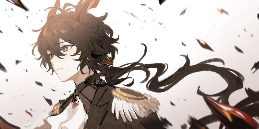 1boy animal_ears arknights ascot black_hair black_jacket black_shirt blush bright_pupils commentary crying crying_with_eyes_open ebenholz_(arknights) epaulettes goat_boy goat_ears goat_horns gradient_background highres horns jacket long_hair male_focus parted_lips ponytail rei_(926qz) shirt simple_background solo tears upper_body violet_eyes wavy_hair white_ascot white_pupils