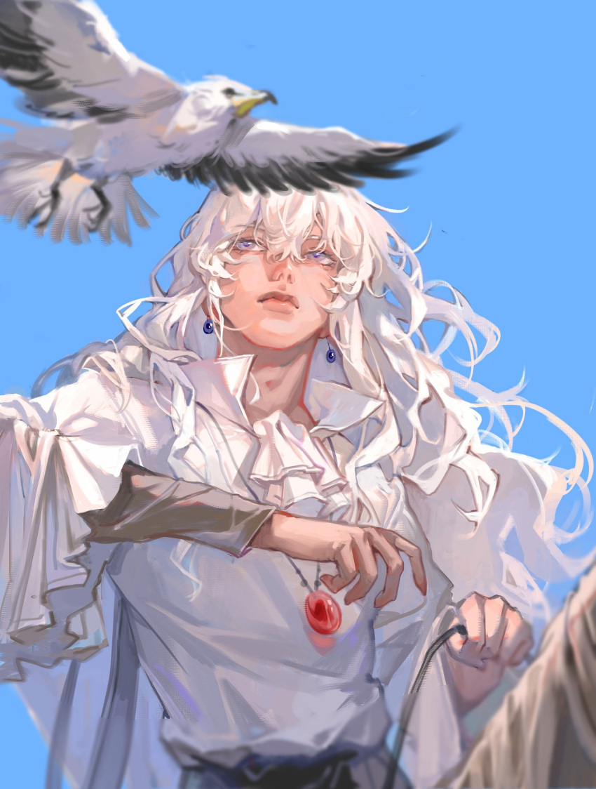 1boy absurdres animal ascot berserk bird bishoujo_senshi_sailor_moon blue_background blue_sky clear_sky commentary day earrings expressionless frilled_shirt frilled_sleeves frills griffith_(berserk) heshen_da_bi_dou highres holding holding_reins jewelry long_hair male_focus outdoors pendant reins shirt sky solo upper_body violet_eyes wavy_hair white_ascot white_shirt