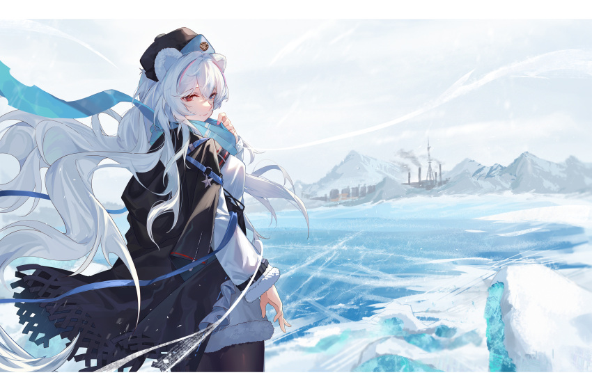 1girl animal_ears arknights arm_at_side bear_ears bear_girl black_cape blue_hair blue_ribbon cape commentary_request cowboy_shot english_commentary fur-trimmed_shirt fur_trim highres hongbaise_raw letterboxed long_hair mixed-language_commentary mountainous_horizon multicolored_hair ocean outdoors red_eyes redhead ribbon rosa_(arknights) russian_commentary shirt solo star_(symbol) streaked_hair wavy_hair white_hair white_shirt wind