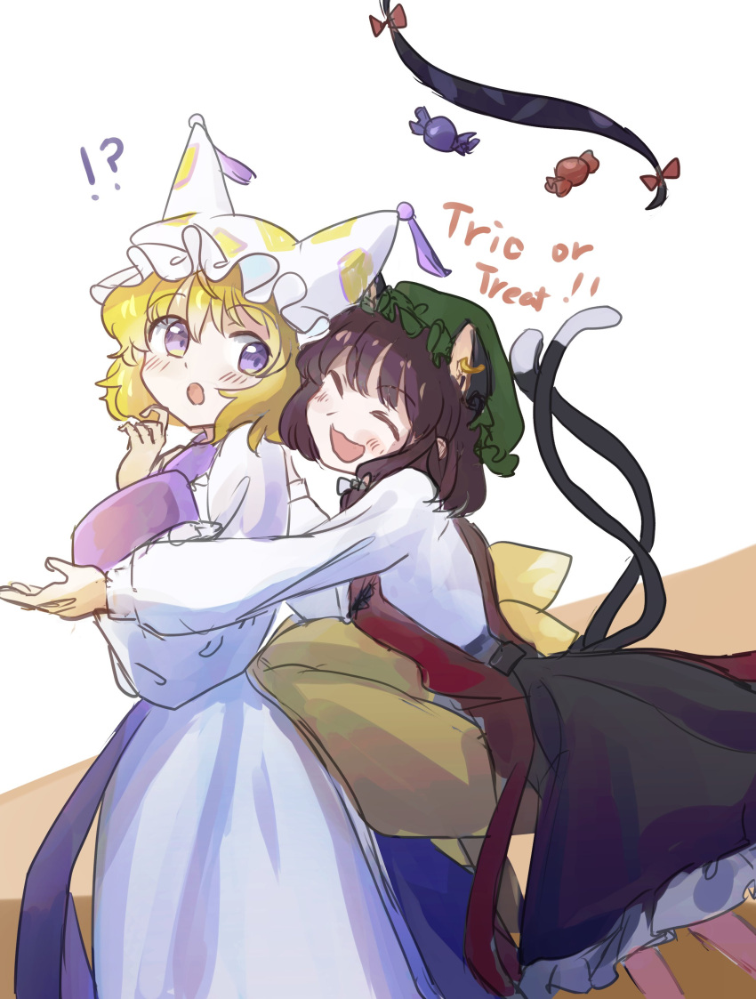 !? 2girls :o absurdres animal_ear_piercing animal_ears blonde_hair blue_tabard breasts brown_hair candy cat_ears cat_tail chen closed_eyes dress earrings english_text engrish_text extra_ears feet_out_of_frame food fox_ears fox_tail frills from_side gap_(touhou) hand_up hands_up happy hat highres hug hug_from_behind jewelry leaning_forward long_sleeves looking_at_another looking_to_the_side minus_(sr_mineka) mob_cap multiple_girls multiple_tails nekomata open_mouth puffy_long_sleeves puffy_sleeves ranguage short_hair simple_background single_earring small_breasts smile surprised tabard tail touhou two_tails violet_eyes white_background white_dress yakumo_ran