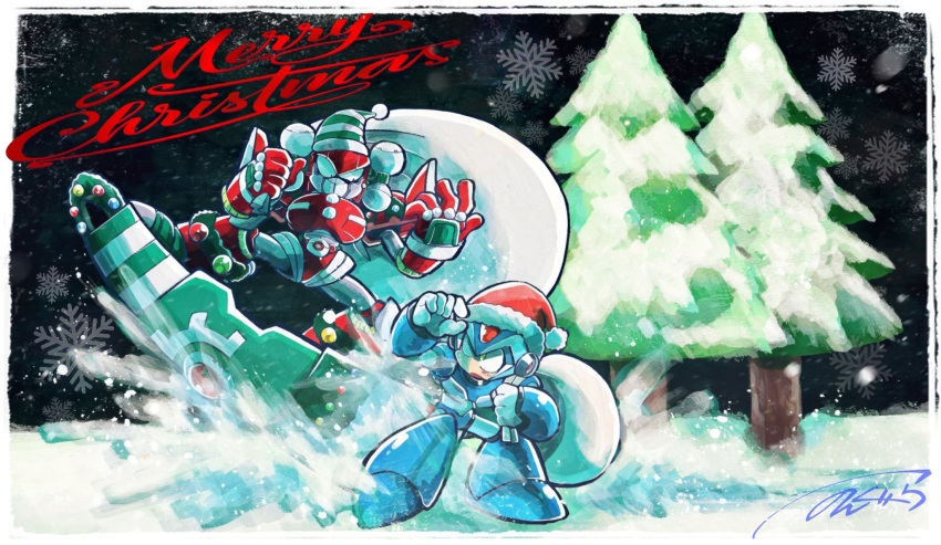 2boys android bag bit_(mega_man) christmas commentary_request english_text hat helmet highres holding holding_bag male_focus mega_man_(series) mega_man_x_(series) multiple_boys night nongura outdoors santa_hat snow snowboarding tree x_(mega_man)