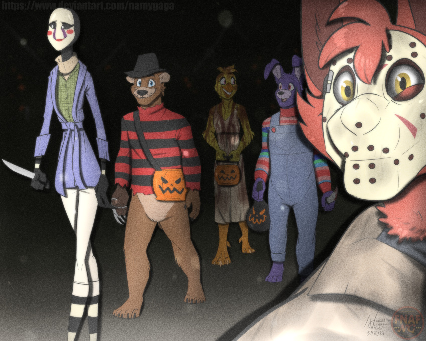 1girl 1other 3boys animal artist_name bear_boy bird_girl bonnie_(fnaf) character_request chica child's_play chucky chucky_(cosplay) copyright_request dated five_nights_at_freddy's fox_boy foxy_(fnaf) freddy_fazbear freddy_krueger freddy_krueger_(cosplay) friday_the_13th furry halloween halloween_costume jason_voorhees jason_voorhees_(cosplay) marionette_(fnaf) name_connection namy_gaga nightmare_on_elm_street no_humans pumpkin puppet rabbit_boy scott_cawthon_(company) the_shining weapon web_address wendy_torrance wendy_torrance_(cosplay)