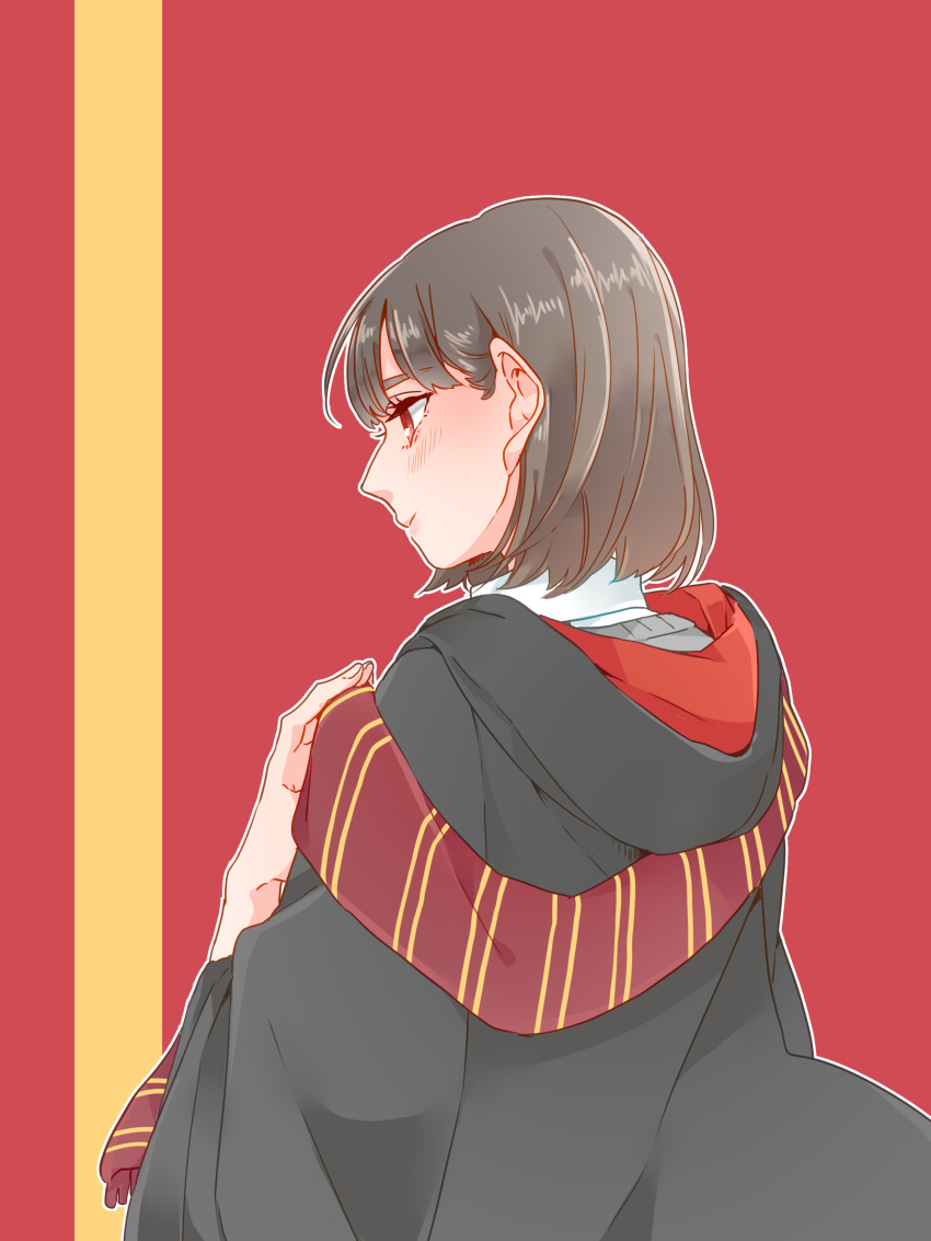 1girl absurdres black_cloak blush cloak closed_mouth collared_shirt commentary_request grey_sweater harry_potter_(series) highres inami_anju kashikaze love_live! love_live!_sunshine!! outline real_life red_background red_eyes red_scarf scarf shirt short_hair solo sweater takami_chika two-tone_background upper_body voice_actor voice_actor_connection white_outline white_shirt wizarding_world yellow_background