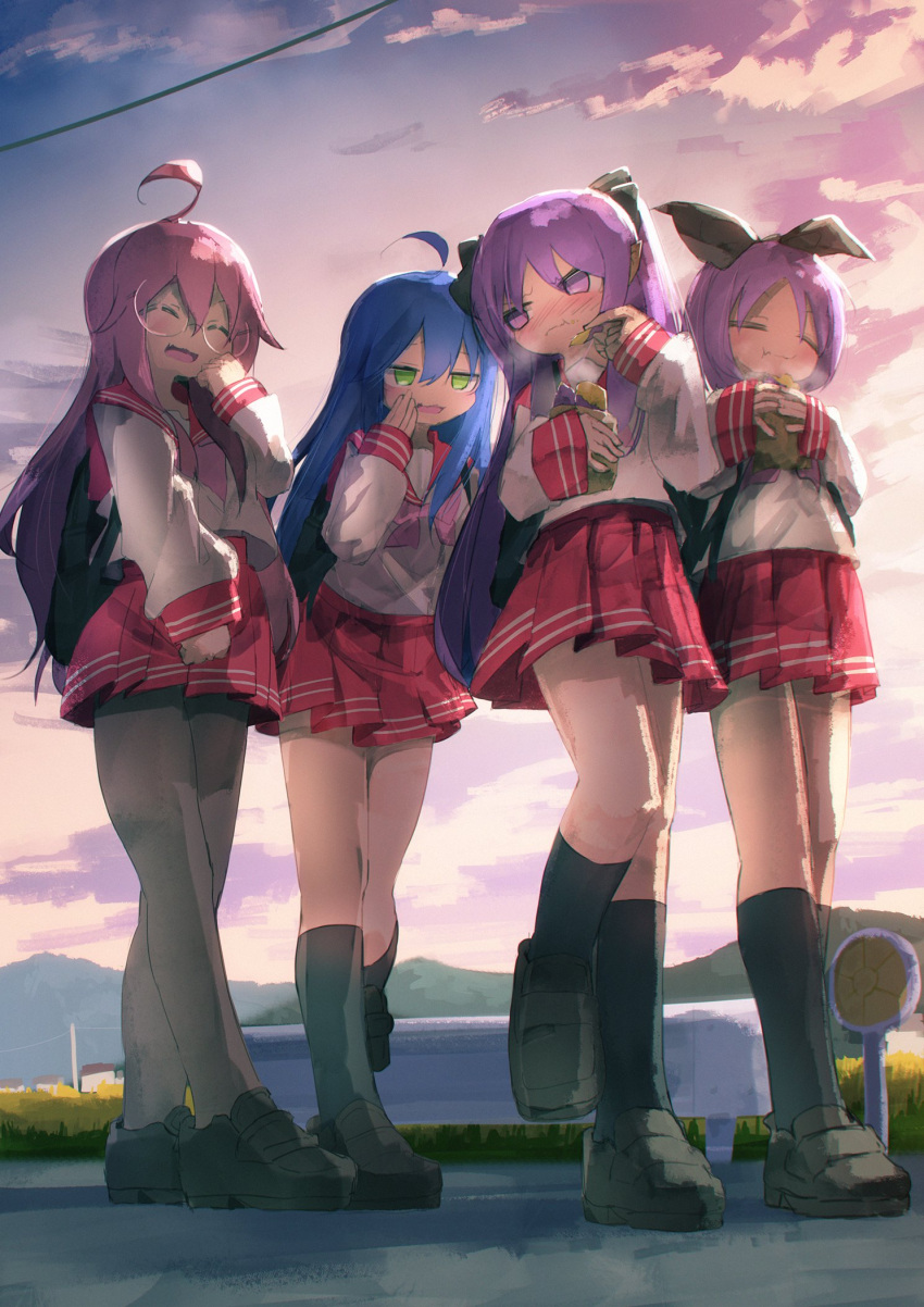 4girls bag blue_hair blush closed_eyes clouds cloudy_sky eating glasses green_eyes hair_between_eyes highres hiiragi_kagami hiiragi_tsukasa izumi_konata lucky_star multiple_girls open_mouth pink_hair purple_hair red_sailor_collar red_skirt sailor_collar school_uniform skirt sky takara_miyuki takenuco violet_eyes