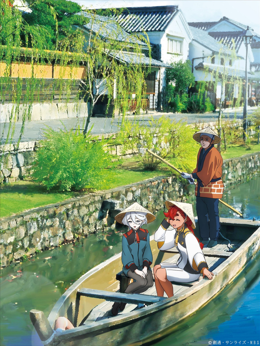 1boy 2girls artist_request asticassia_school_uniform boat building bush closed_eyes copyright gundam gundam_suisei_no_majo hat highres lamppost miorine_rembran multiple_girls official_art open_mouth outdoors own_hands_together pantyhose photo_background rice_hat river road school_uniform sitting standing street suletta_mercury tree watercraft white_hair