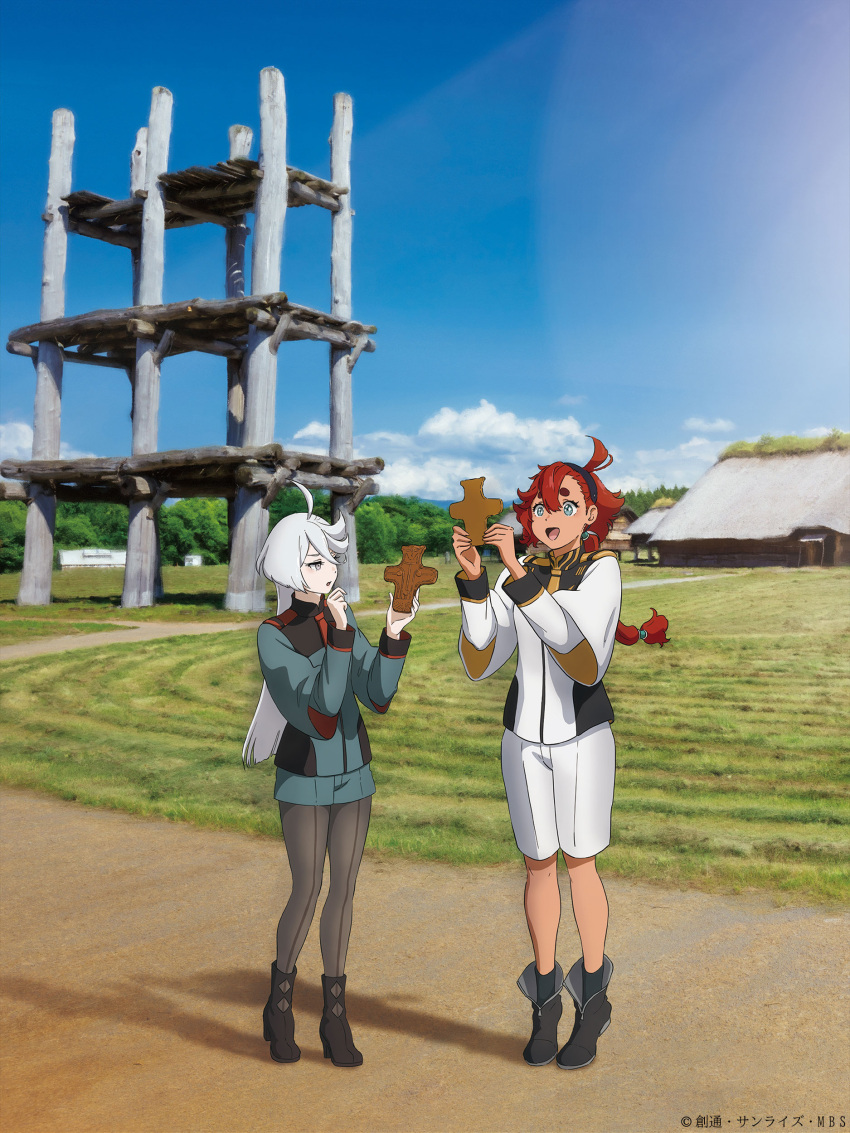 2girls :d absurdres ahoge argyle_footwear artist_request asticassia_school_uniform bare_legs black_footwear blue_sky boots building clouds copyright front-seamed_legwear full_body grass green_shorts gundam gundam_suisei_no_majo hairband hand_to_own_mouth happy highres holding landscape long_hair long_sleeves low_ponytail miorine_rembran multiple_girls official_art outdoors pantyhose photo_background redhead school_uniform seamed_legwear shadow short_shorts shorts sky smile standing suletta_mercury white_hair white_shorts