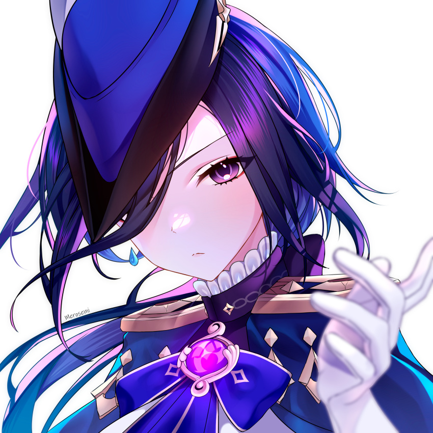 1girl absurdres artist_name ascot black_bow blue_ascot blue_cape blue_hair blue_headwear blurry blurry_foreground bow cape clorinde_(genshin_impact) closed_mouth dark_blue_hair drop_earrings earrings elbow_gloves epaulettes genshin_impact gloves hair_bow hair_over_one_eye hand_up hat hat_feather highres jewelry long_hair looking_at_viewer low_ponytail merosemi shirt solo tricorne upper_body violet_eyes vision_(genshin_impact) white_background white_gloves white_shirt