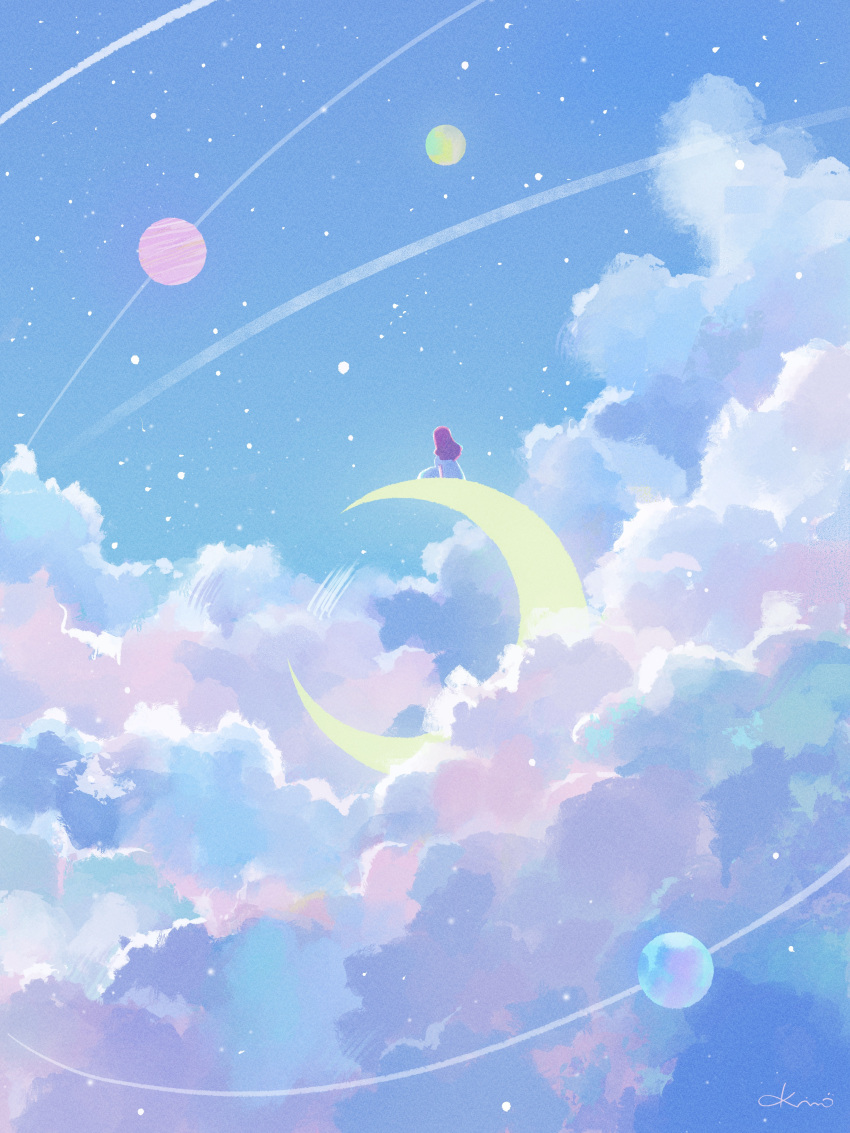1girl above_clouds absurdres artist_name clouds commentary_request crescent_moon dress facing_away from_behind highres long_hair moon night night_sky on_crescent orbital_path original outdoors pink_hair planet short_sleeves signature sitting sky solo star_(sky) starry_sky white_dress wide_shot yuzuki_kino