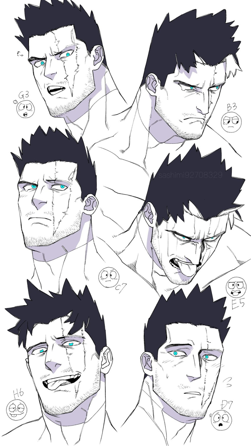 1boy beard_stubble boku_no_hero_academia cropped_head disgust emoji endeavor_(boku_no_hero_academia) expression_chart expressions facial_hair frown furrowed_brow greyscale head_tilt heart heart-shaped_eyes highres light_blush looking_ahead looking_to_the_side male_focus mature_male monochrome mustache_stubble pout reference_inset sanpaku sashimi92708329 scar scar_across_eye short_hair sideburns sideburns_stubble spiky_hair spot_color stubble tearing_up thick_eyebrows tongue tongue_out v-shaped_eyebrows
