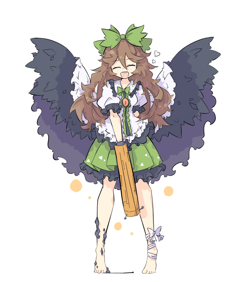 1girl :d arm_behind_back arm_cannon barefoot bird_wings black_wings bow bowtie breasts brown_hair cape closed_eyes collared_shirt commentary control_rod feathered_wings frilled_shirt_collar frilled_skirt frilled_sleeves frills full_body green_bow green_bowtie green_skirt hair_between_eyes hair_bow heart highres leg_ribbon long_bangs long_hair open_mouth primsla puffy_short_sleeves puffy_sleeves reiuji_utsuho ribbon round_teeth shirt short_sleeves simple_background skirt small_breasts smile solo standing teeth third_eye touhou upper_teeth_only weapon white_background white_bow white_cape white_ribbon white_shirt wings