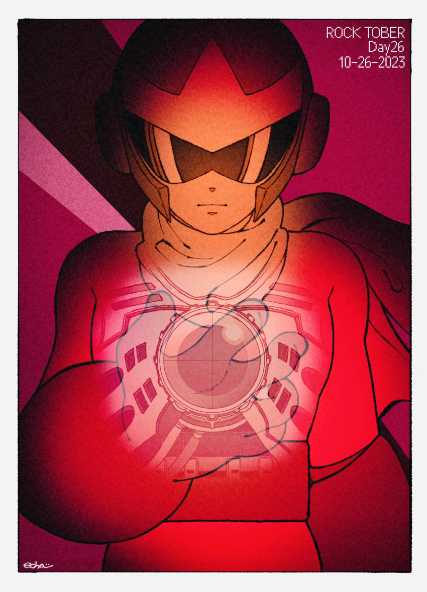 1boy commentary core dated english_commentary english_text helmet highres male_focus mega_man_(classic) mega_man_(series) nctn_patch proto_man red_theme robot scarf solo sunglasses yellow_scarf