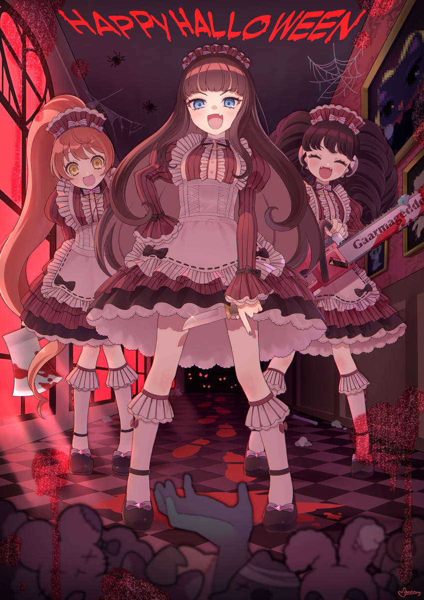 3girls :d absurdres apron arms_behind_back axe backlighting bandages black_footwear black_hair black_nails blood blood_on_weapon blood_splatter blue_eyes blunt_bangs blurry blurry_foreground blush brown_hair bug center_frills chainsaw closed_eyes commentary_request dress drill_hair facing_viewer fang fangs footprints frilled_apron frilled_dress frills full_body garuru_(pripara) hairband halloween halloween_costume hand_on_own_hip happy_halloween highres holding holding_axe holding_chainsaw holding_knife indoors juliet_sleeves kneehighs knife kurosu_aroma lolita_fashion lolita_hairband long_hair long_sleeves looking_at_viewer mary_janes momokan_(mmkn100) multiple_girls nail_polish neko_(pripara) open_mouth painting_(object) ponytail pretty_(series) pripara puffy_sleeves red_dress redhead shiratama_mikan shoes sidelocks silk smile socks spider spider_web standing stuffed_animal stuffed_rabbit stuffed_toy v-shaped_eyebrows very_long_hair weapon white_apron white_socks window yellow_eyes