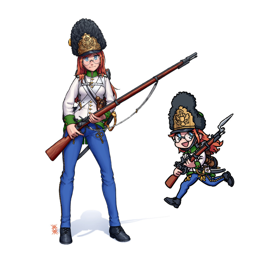 1girl absurdres antique_firearm austria-hungary austro-hungarian_army bayonet bearskin_cap bedroll belt black_footwear blue_eyes blue_pants breasts buttons canteen chibi closed_mouth collar commentary cross-laced_footwear firelock flintlock freckles full_body glasses gold_trim green_collar green_wrist_cuffs gun gun_sling hat highres holding holding_gun holding_weapon jacket legs_apart long_hair long_sleeves looking_at_viewer military military_uniform musket open_mouth orange_hair original ostwindprojekt pants pouch round_eyewear running scabbard shadow sheath sheathed shoulder_boards simple_background small_breasts smile solo standing sword uniform weapon white_background white_belt white_jacket