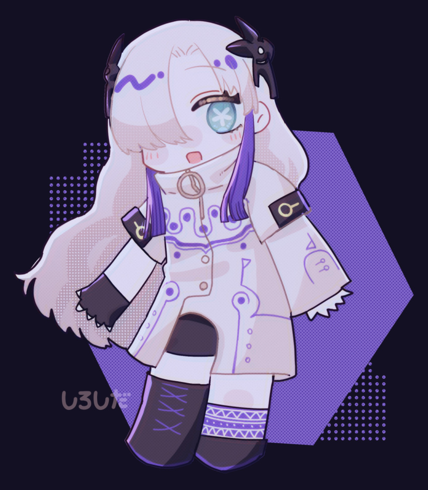 1girl aqua_eyes artist_name asymmetrical_footwear asymmetrical_sleeves black_background black_footwear black_gloves blush_stickers boots cevio chibi coat commentary_request fingerless_gloves floating_hair full_body gloves hair_ornament hair_over_one_eye halftone hexagon highres kamitsubaki_studio knee_boots long_hair looking_at_viewer multicolored_coat one_eye_covered open_mouth purple_background purple_coat purple_hair sekai_(cevio) shiroshida single_fingerless_glove single_knee_boot smile solo star-shaped_pupils star_(symbol) symbol-shaped_pupils two-tone_background uneven_footwear uneven_sleeves very_long_hair white_coat white_hair