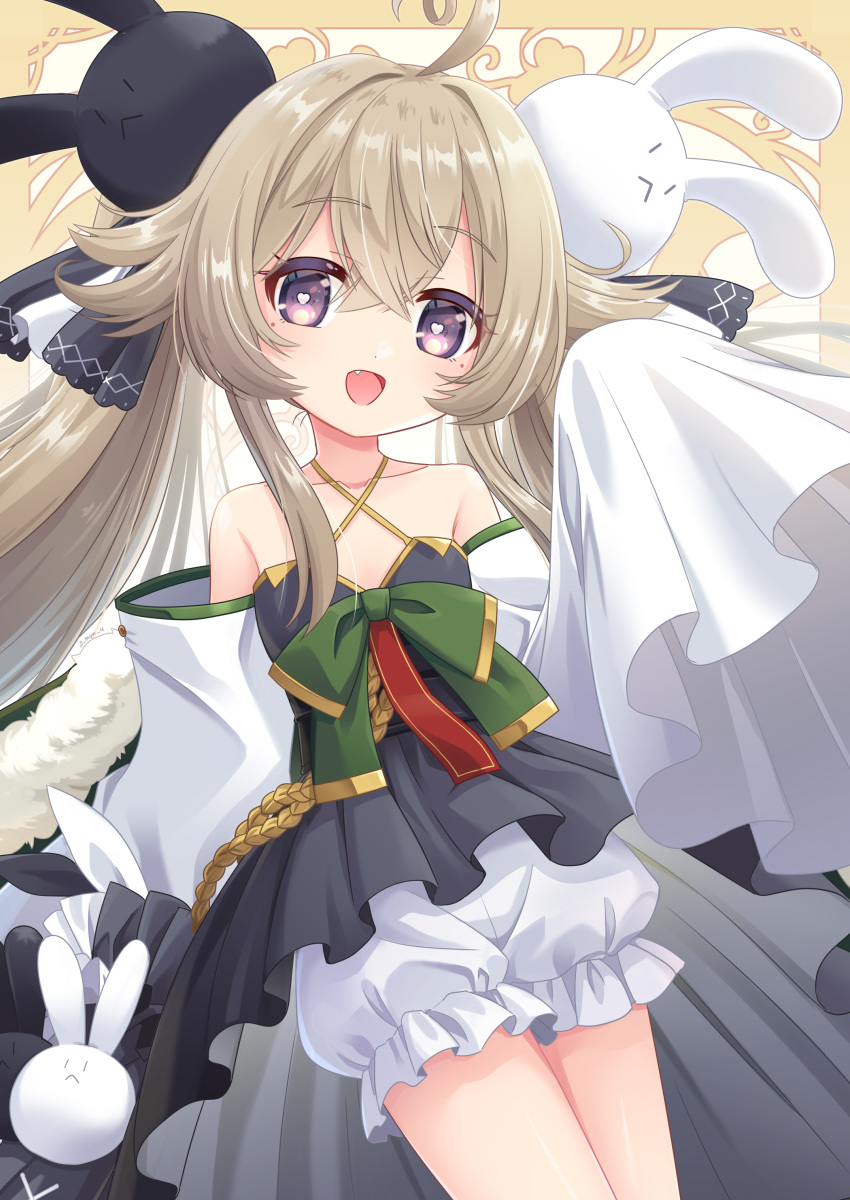 1girl absurdres ahoge attilio_regolo_(azur_lane) azur_lane bloomers blush breasts brown_hair commentary_request detached_sleeves dress frills hair_between_eyes hair_ornament heart heart-shaped_pupils highres long_sleeves looking_at_viewer rabbit_hair_ornament s_nyaau small_breasts solo symbol-shaped_pupils twintails violet_eyes