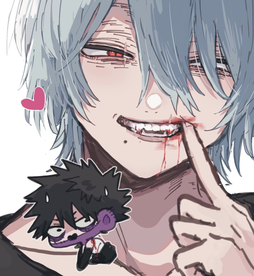 2boys ametaro_(ixxxzu) black_hair blood blood_from_mouth blue_eyes boku_no_hero_academia burn_scar cheek_piercing chibi dabi_(boku_no_hero_academia) finger_in_own_mouth grey_hair heart highres looking_at_viewer male_focus mouth_pull multiple_boys multiple_scars red_eyes scar scar_on_face shigaraki_tomura short_hair spiky_hair staple stapled sweatdrop wrinkled_skin